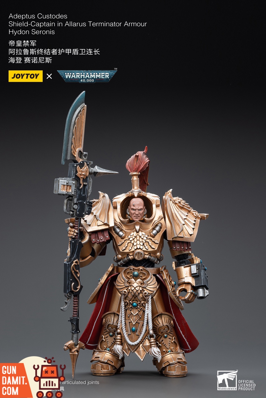 JoyToy Custodes Shield-Captain Hydon close-up showing detailed golden armor filigree JoyToy Custodes Shield-Captain Hydon close-up showing detailed golden armor filigree