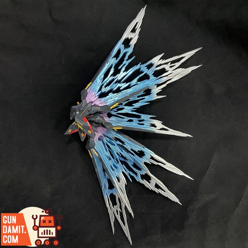Point Factory Wings of Light upgrade kit installed on Strike Freedom showing blue translucent wing spread Point Factory Wings of Light upgrade kit installed on Strike Freedom showing blue translucent wing spread