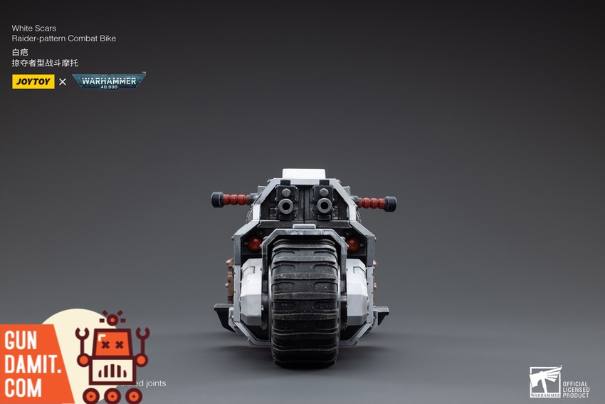 JoyToy White Scars Combat Bike rear angle showing back wheel and engine detail JoyToy White Scars Combat Bike rear angle showing back wheel and engine detail