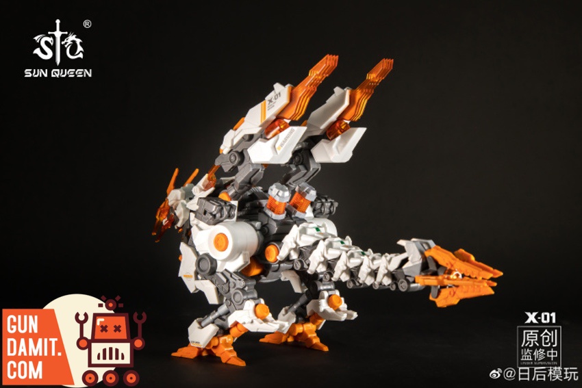 Sun Queen X-01 dinosaur mech close-up head and weapons detail Sun Queen X-01 dinosaur mech close-up head and weapons detail