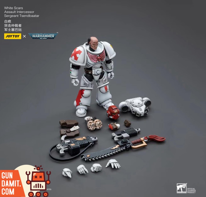 JoyToy 1/18 WH40K White Scars Sergeant Tsendbaatar with accessories and alternate parts layout JoyToy 1/18 WH40K White Scars Sergeant Tsendbaatar with accessories and alternate parts layout