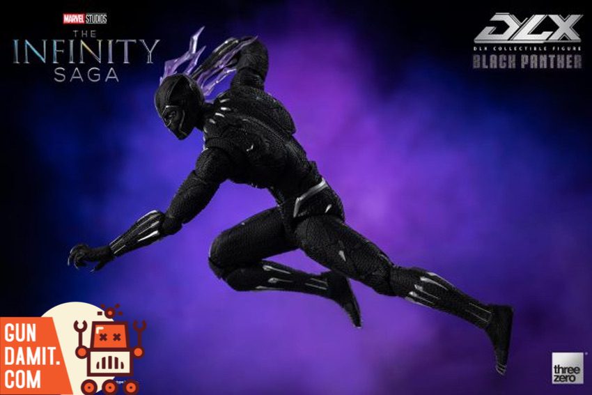 Threezero Black Panther DLX figure side view showing suit detail and claws Threezero Black Panther DLX figure side view showing suit detail and claws