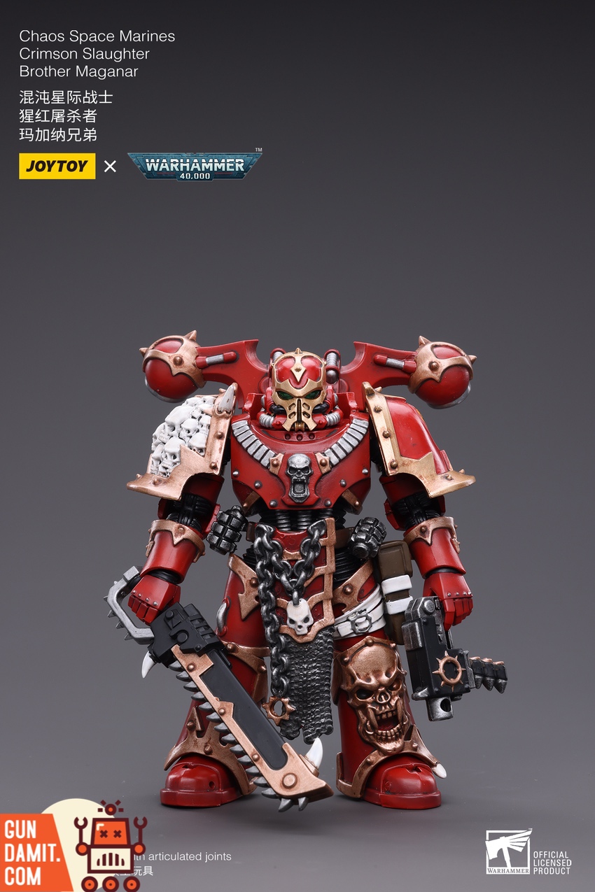 JoyToy JT4249 1/18 Warhammer 40K Crimson Slaughter Brother Maganar front view with chainsword and skull trophy JoyToy JT4249 1/18 Warhammer 40K Crimson Slaughter Brother Maganar front view with chainsword and skull trophy