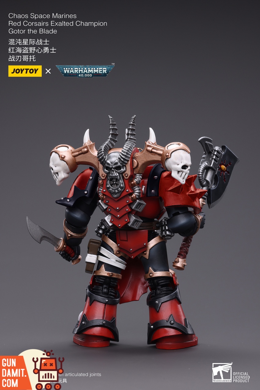 JoyToy Warhammer 40K Red Corsairs Gotor wielding power axe action pose JoyToy Warhammer 40K Red Corsairs Gotor wielding power axe action pose