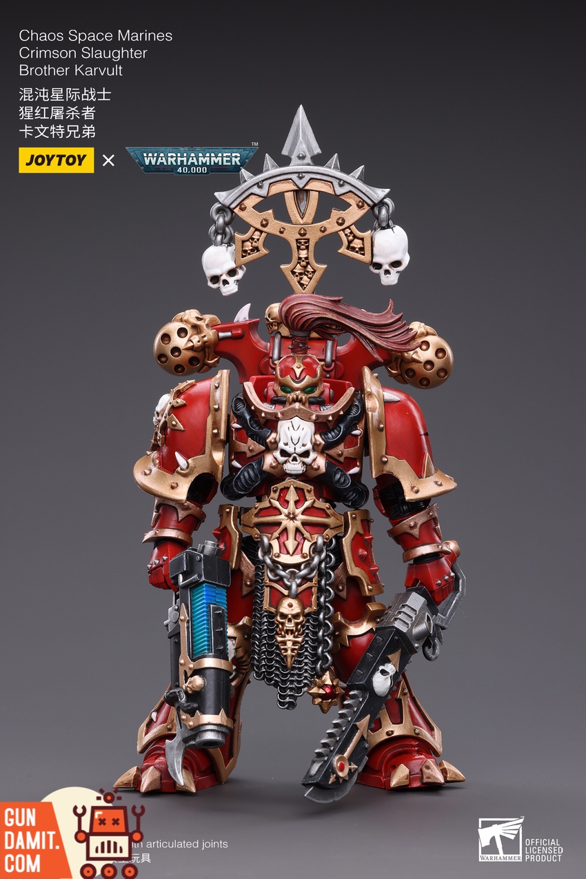 JoyToy 1/18 Warhammer 40K Crimson Slaughter Brother Karvult front view with skull banner and chainsword JoyToy 1/18 Warhammer 40K Crimson Slaughter Brother Karvult front view with skull banner and chainsword