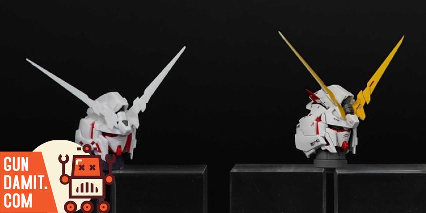 SH Studio 1/100 MG Unicorn Gundam upgrade kit showing dual head busts in unicorn and destroy modes SH Studio 1/100 MG Unicorn Gundam upgrade kit showing dual head busts in unicorn and destroy modes