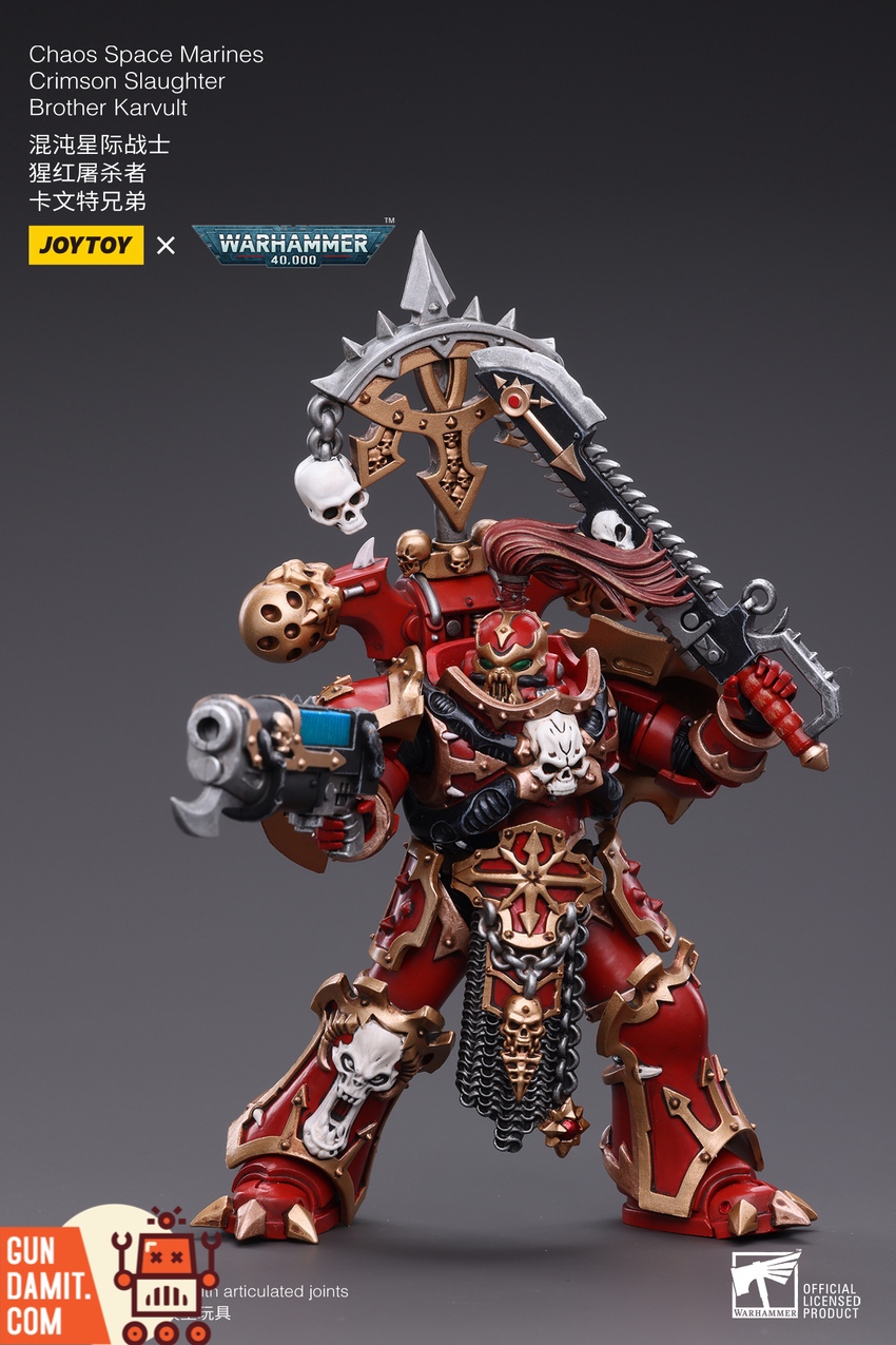 JoyToy 1/18 Crimson Slaughter Karvult close-up of ornate skull backpack banner JoyToy 1/18 Crimson Slaughter Karvult close-up of ornate skull backpack banner
