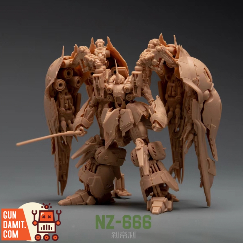 Craftsman Soul 1/288 NZ-666 Kshatriya Gundam Artifact resin model front view with four binder wings in tan Craftsman Soul 1/288 NZ-666 Kshatriya Gundam Artifact resin model front view with four binder wings in tan