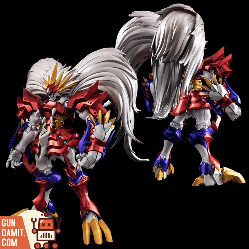 Sentinel Riobot Ialdabaoth from Super Robot Wars OG front and rear view with lion mane and red blue armor Sentinel Riobot Ialdabaoth from Super Robot Wars OG front and rear view with lion mane and red blue armor