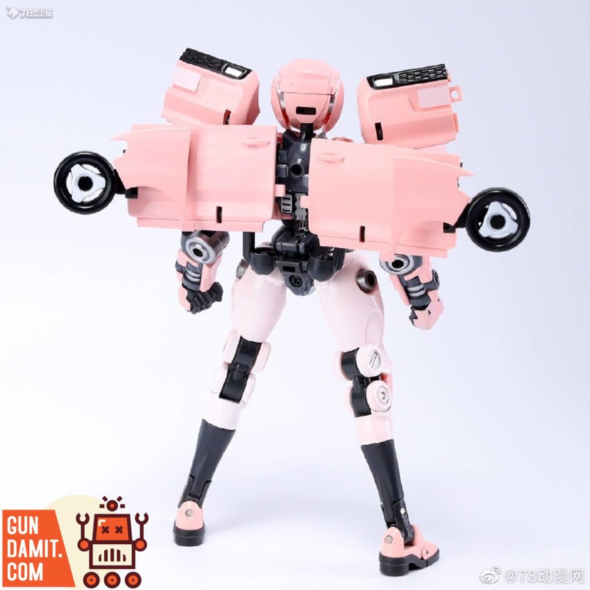 Sci-Figure Industry Wuling Mini EV Nebula pink mecha front standing pose with wheel arms Sci-Figure Industry Wuling Mini EV Nebula pink mecha front standing pose with wheel arms