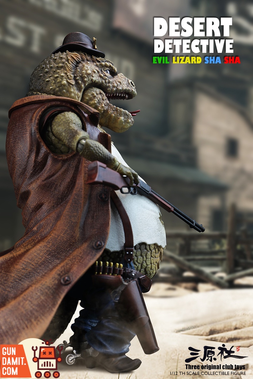 Evil Lizard Shasha side view holding rifle in western town setting Evil Lizard Shasha side view holding rifle in western town setting