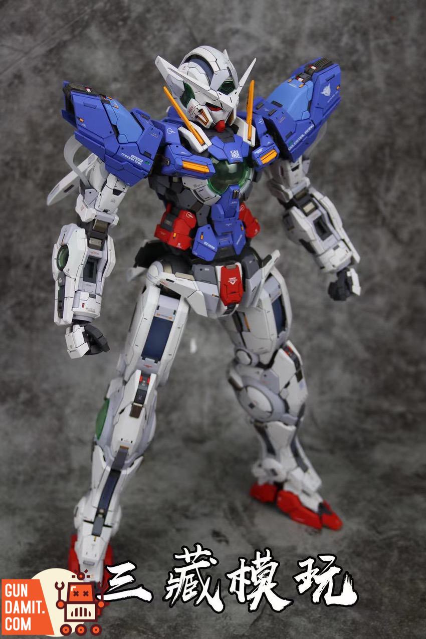 Full body front view of PG Gundam Exia with SanZang upgrade applied Full body front view of PG Gundam Exia with SanZang upgrade applied