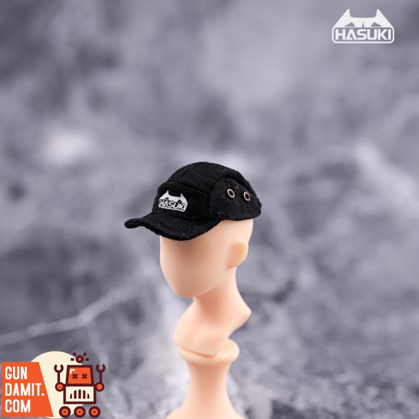 HASUKI 1/12 H001 Black Cap on figure head showing white logo and grommet details HASUKI 1/12 H001 Black Cap on figure head showing white logo and grommet details