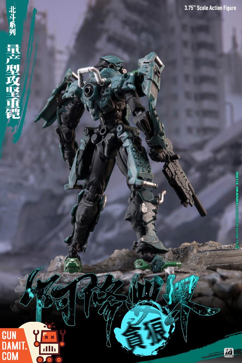 Toyseasy Asura Realm ASR-04 Tan-Lang green heavy assault mecha holding rifle in ruins Toyseasy Asura Realm ASR-04 Tan-Lang green heavy assault mecha holding rifle in ruins