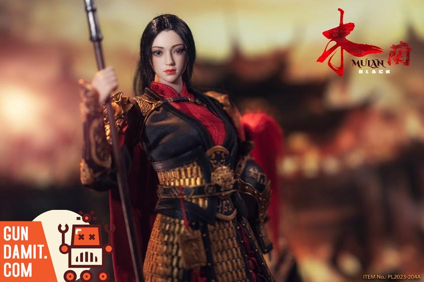 TBLeague 1/6 MuLan Black Version front view in dark armor with spear TBLeague 1/6 MuLan Black Version front view in dark armor with spear