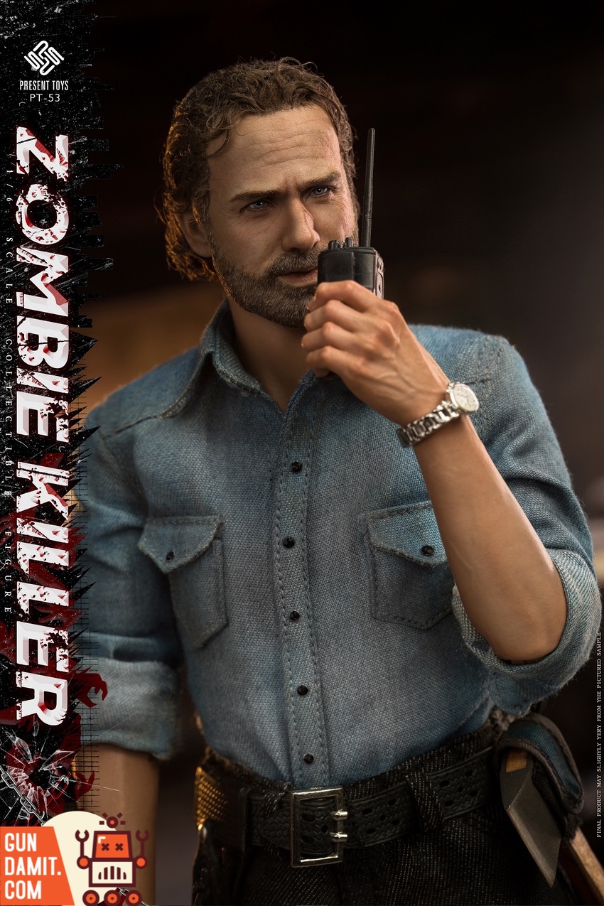 Present Toys 1/6 PT-SP53 Zombie Killer holding walkie-talkie in denim shirt Present Toys 1/6 PT-SP53 Zombie Killer holding walkie-talkie in denim shirt