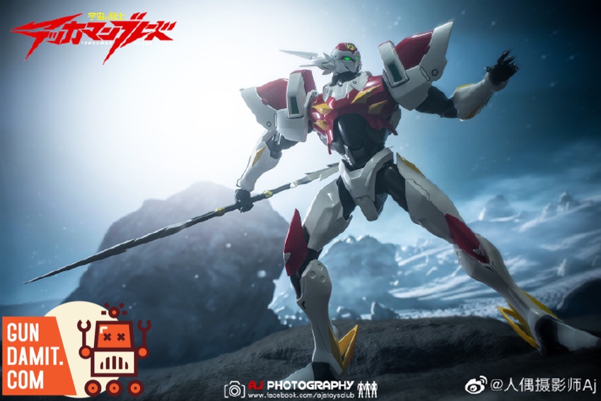 Threezero ROBO-DOU Tekkaman Blade figure in dynamic pose with Tek-Lancer on mountain backdrop Threezero ROBO-DOU Tekkaman Blade figure in dynamic pose with Tek-Lancer on mountain backdrop