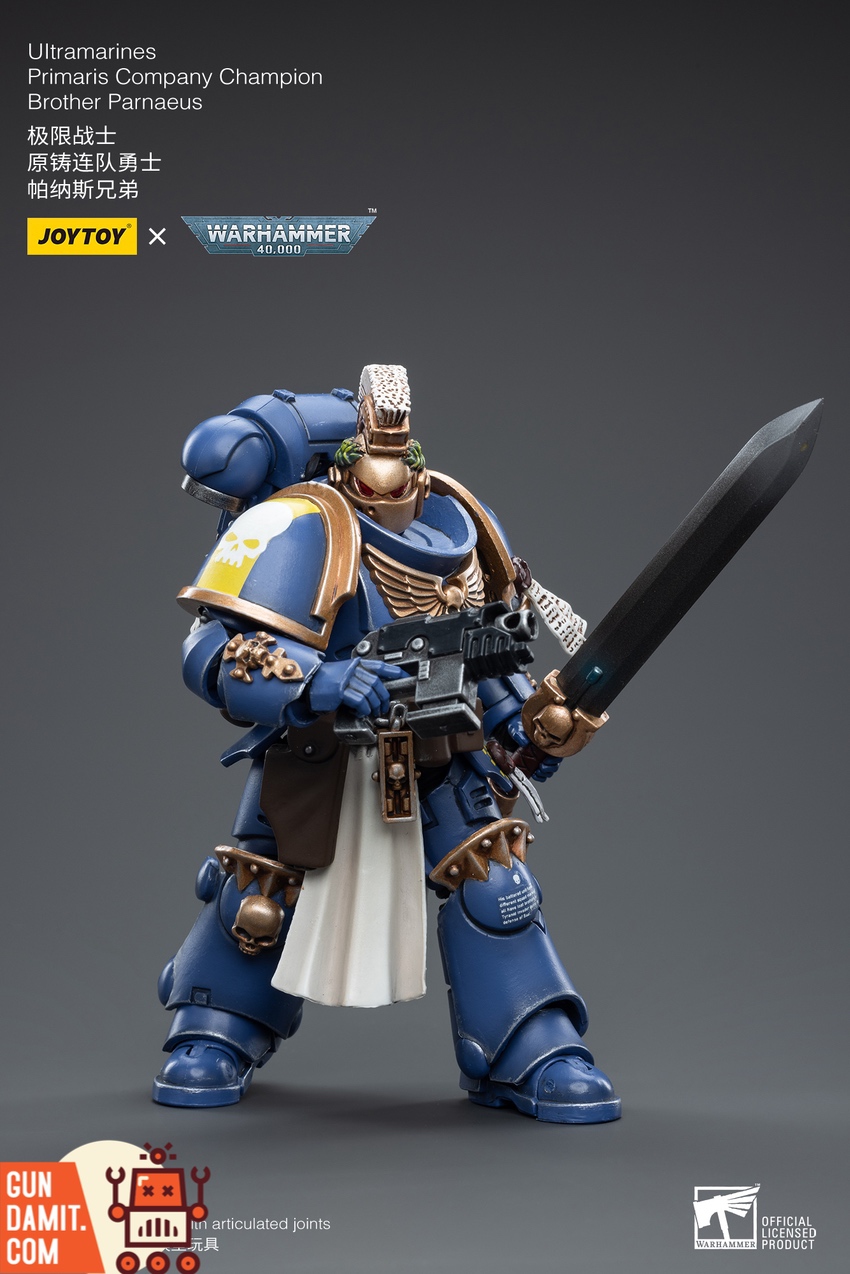 Parnaeus rear view showing blue Ultramarines backpack and tabard Parnaeus rear view showing blue Ultramarines backpack and tabard