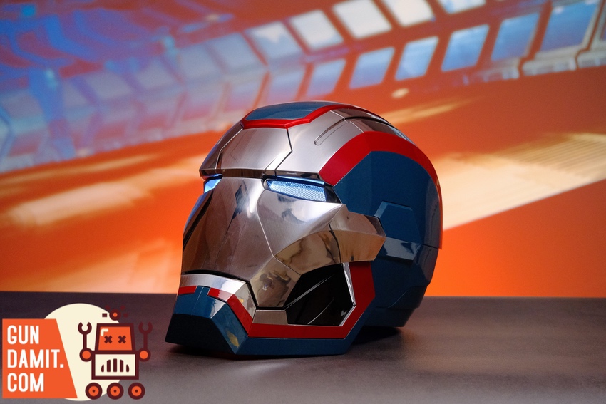 Full-size Iron Patriot helmet front view with blue LED eyes Full-size Iron Patriot helmet front view with blue LED eyes