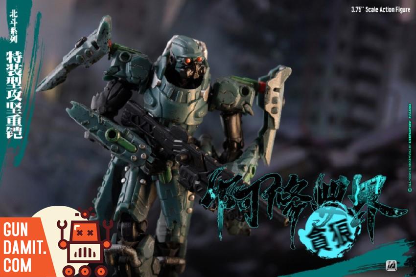 Toyseasy Asura Realm ASR-04 Tan-Lang mecha figure dynamic pose wielding rifle in battle scene Toyseasy Asura Realm ASR-04 Tan-Lang mecha figure dynamic pose wielding rifle in battle scene