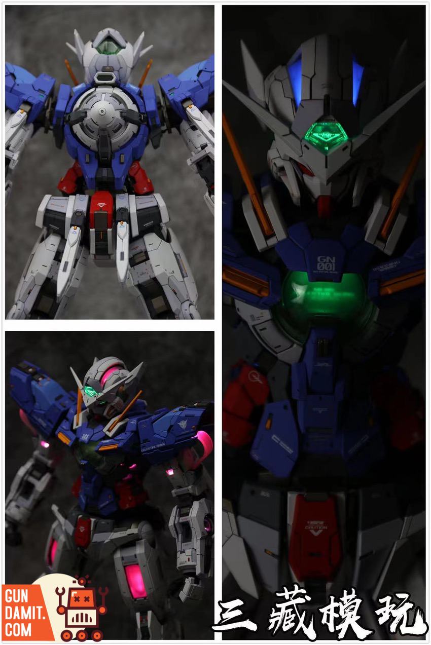 SanZang Model PG Gundam Exia upgrade kit with LED lighting collage showing multiple angles SanZang Model PG Gundam Exia upgrade kit with LED lighting collage showing multiple angles