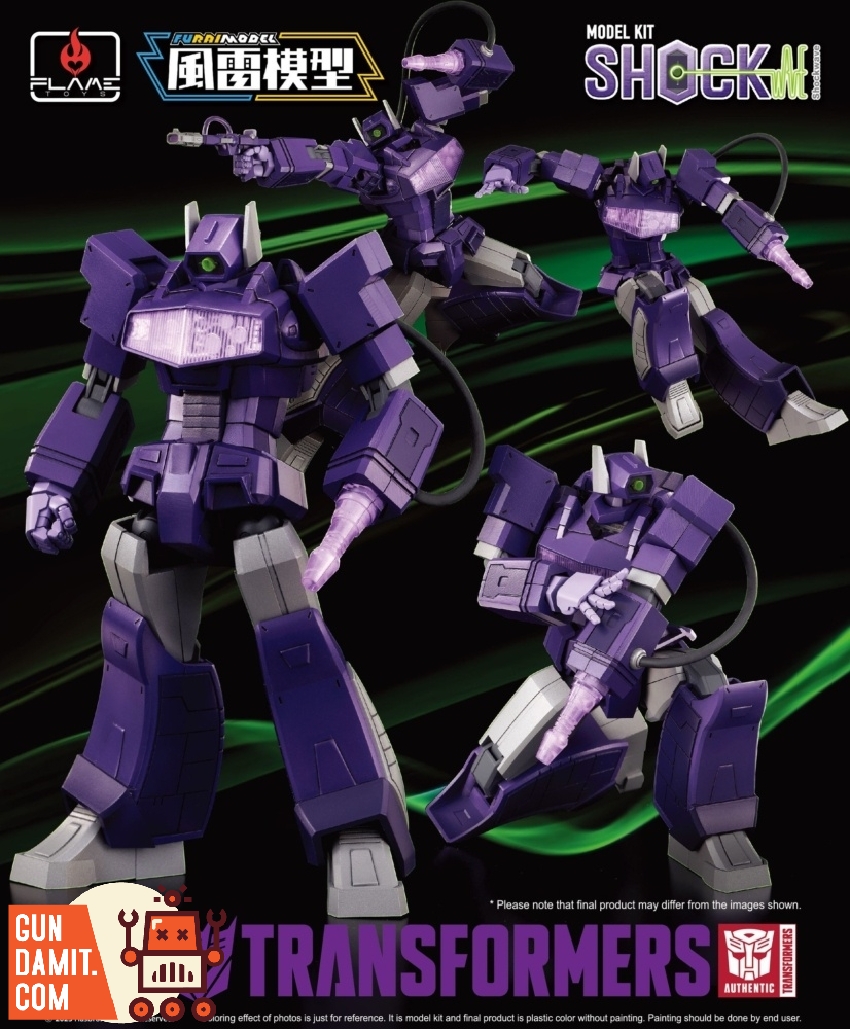 Flame Toys Furai Model Shockwave box art showing multiple poses and Transformers branding Flame Toys Furai Model Shockwave box art showing multiple poses and Transformers branding