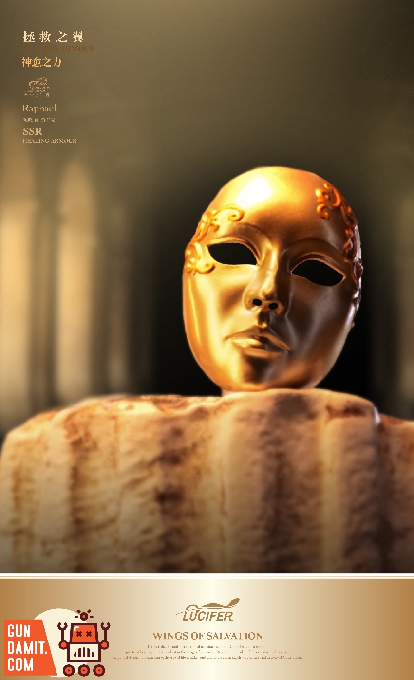 Archangel Raphael golden mask accessory close-up detail Archangel Raphael golden mask accessory close-up detail