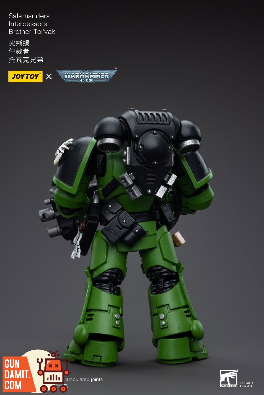 Rear view of Brother Tol'vak showing black backpack and green Salamanders power armor details Rear view of Brother Tol'vak showing black backpack and green Salamanders power armor details