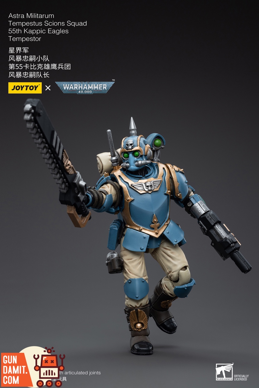 Running attack pose of Tempestor charging with chainsword raised and hot-shot lasgun lowered Running attack pose of Tempestor charging with chainsword raised and hot-shot lasgun lowered