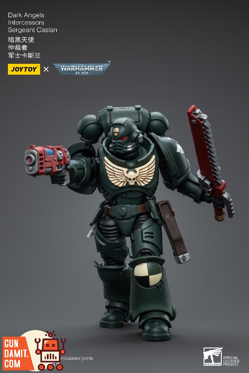 Dark Angels Intercessors Sergeant Caslan action pose with chainsword Dark Angels Intercessors Sergeant Caslan action pose with chainsword