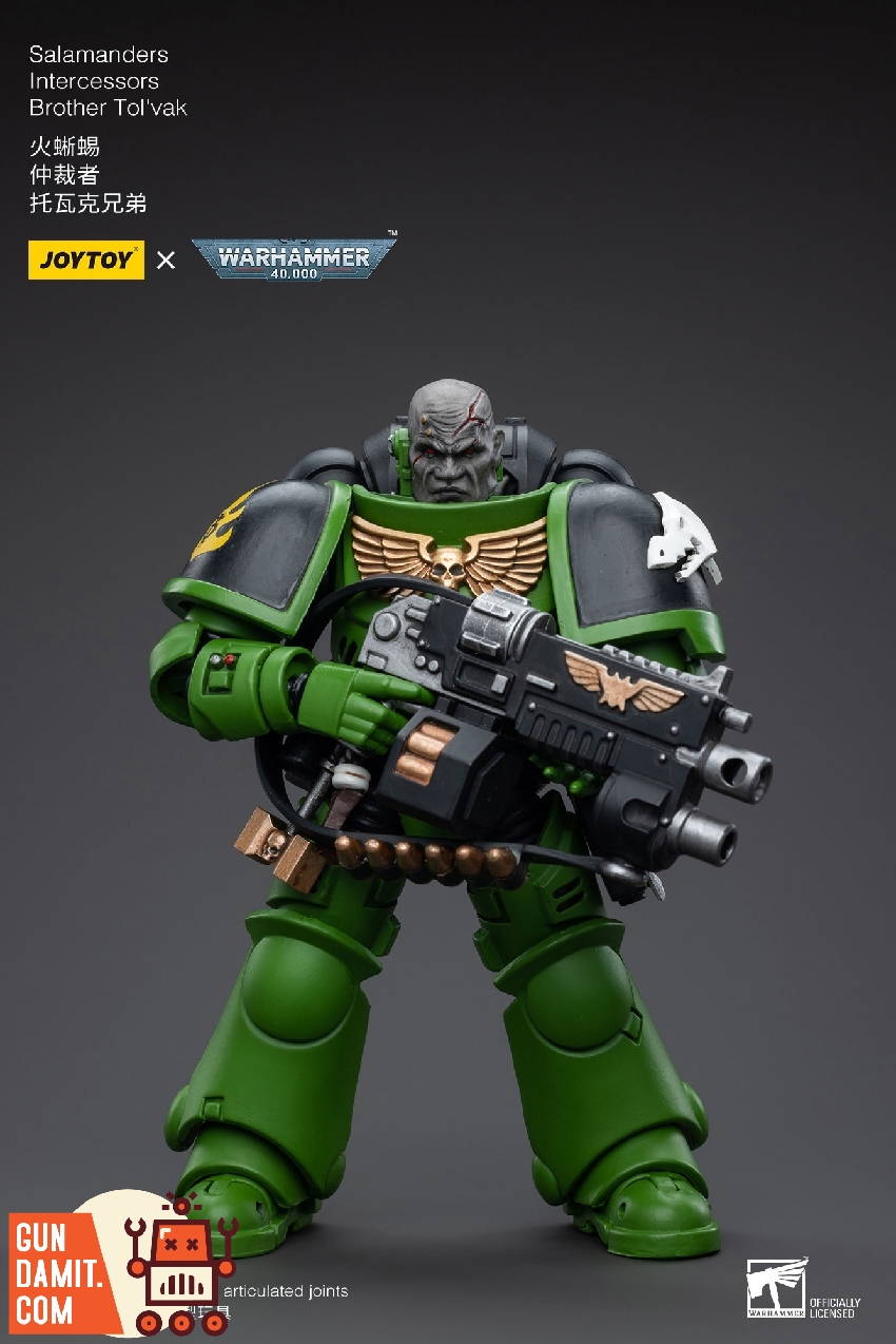 JoyToy 1/18 Salamanders Brother Tol'vak front view with exposed scarred face holding bolt rifle in green armor JoyToy 1/18 Salamanders Brother Tol'vak front view with exposed scarred face holding bolt rifle in green armor