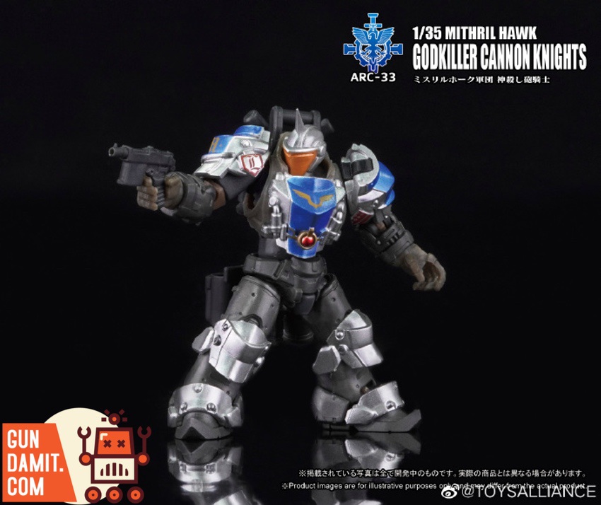 Godkiller Cannon Knight without cape holding pistol showing silver and blue detailed power armor Godkiller Cannon Knight without cape holding pistol showing silver and blue detailed power armor