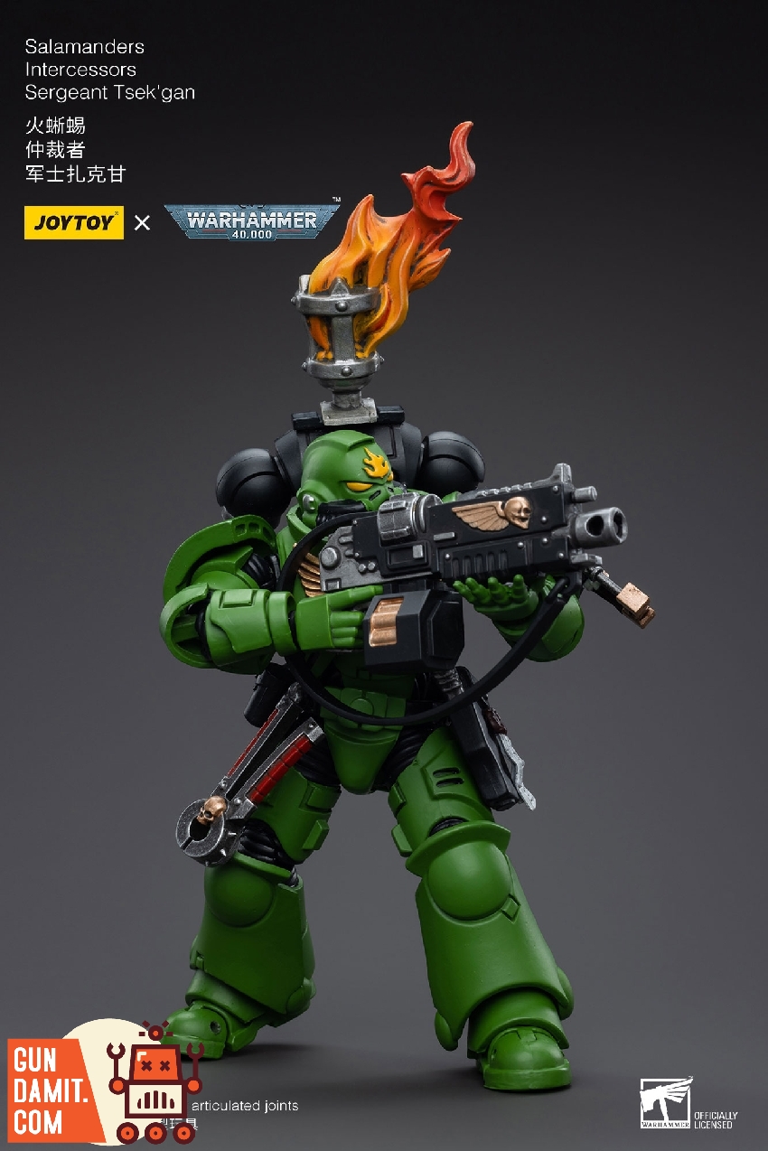 Salamanders Sergeant Tsek'gan front view in green power armor holding bolt rifle with flame brazier on back Salamanders Sergeant Tsek'gan front view in green power armor holding bolt rifle with flame brazier on back