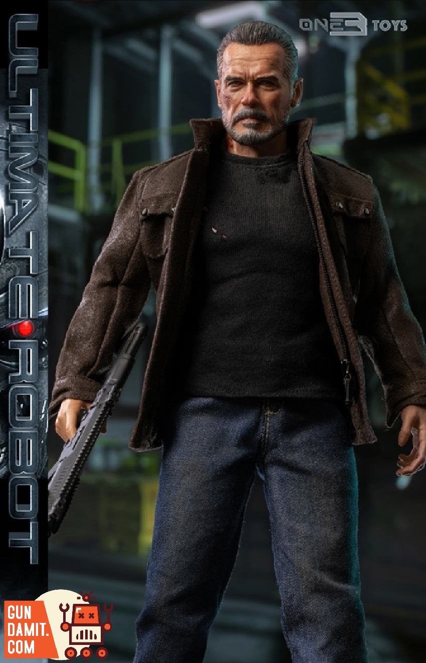 Full body standing pose of Ultimate Robot in brown jacket jeans and black sweater in industrial setting Full body standing pose of Ultimate Robot in brown jacket jeans and black sweater in industrial setting
