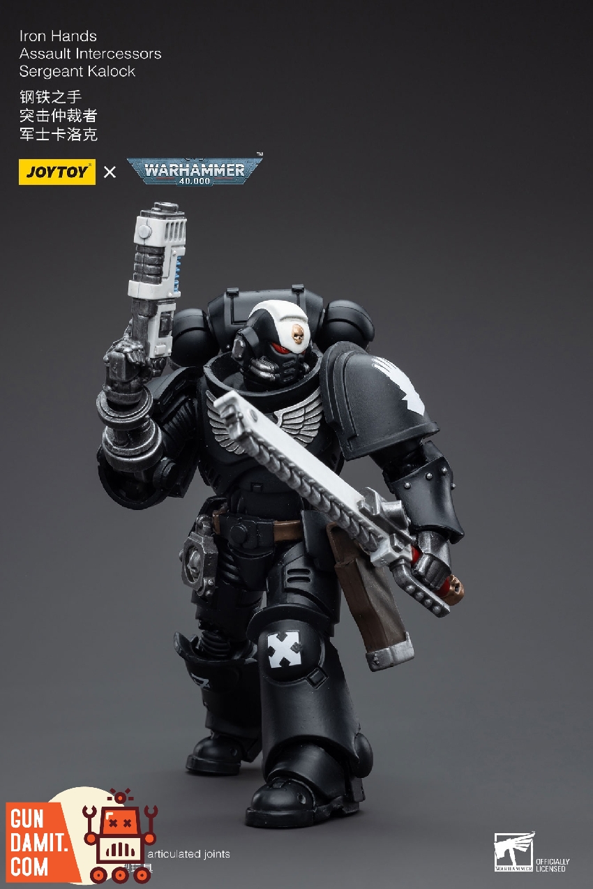 Sergeant Kalock charging forward with chainsword held across chest and bolt pistol raised overhead Sergeant Kalock charging forward with chainsword held across chest and bolt pistol raised overhead