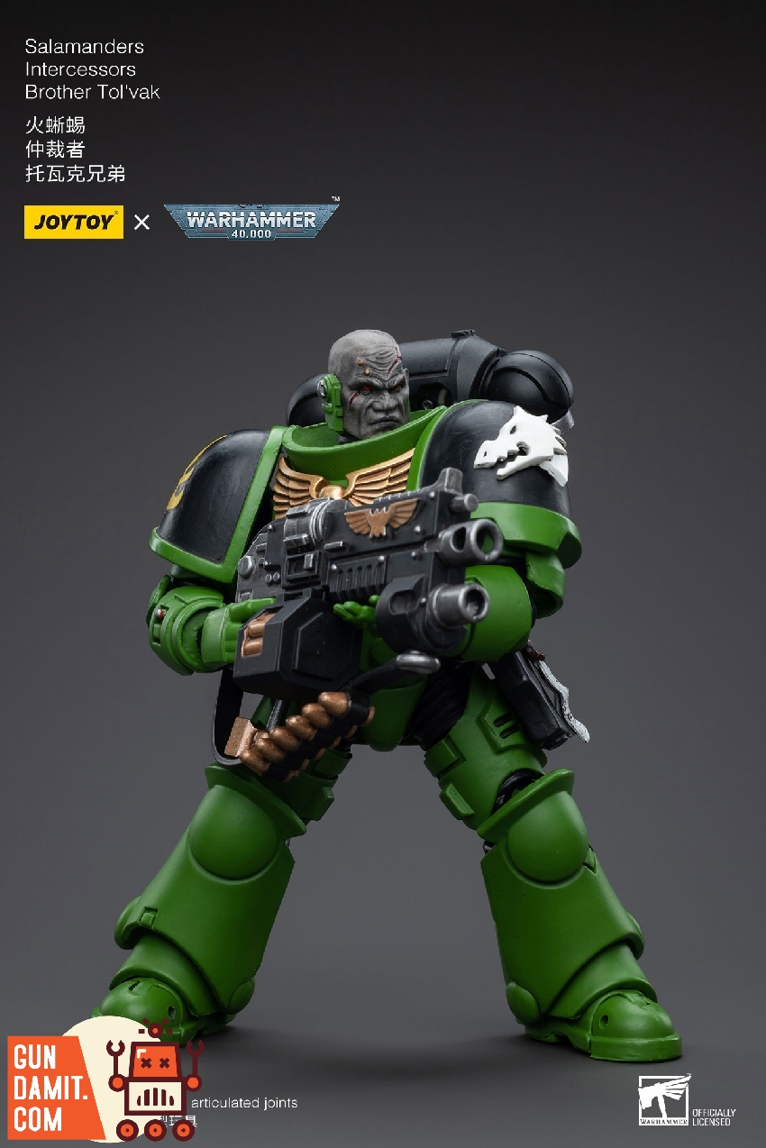 Three-quarter view of Brother Tol'vak with exposed head aiming bolt rifle in combat-ready pose Three-quarter view of Brother Tol'vak with exposed head aiming bolt rifle in combat-ready pose