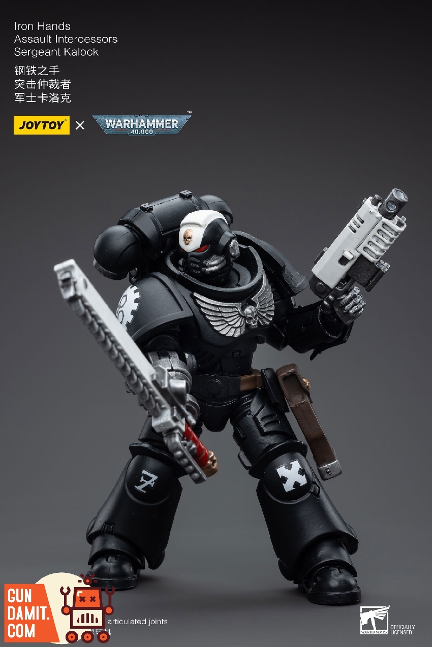 Sergeant Kalock dual-wielding chainsword and bolt pistol in aggressive forward-leaning combat stance Sergeant Kalock dual-wielding chainsword and bolt pistol in aggressive forward-leaning combat stance