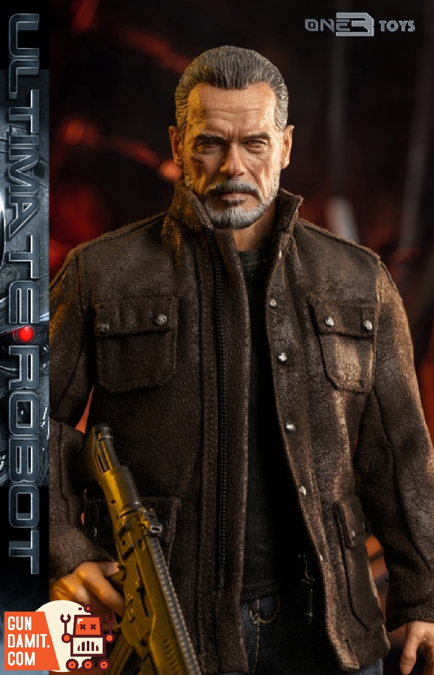 Close-up of Ultimate Robot 1/6 figure upper body in brown leather jacket holding rifle with fiery backdrop Close-up of Ultimate Robot 1/6 figure upper body in brown leather jacket holding rifle with fiery backdrop