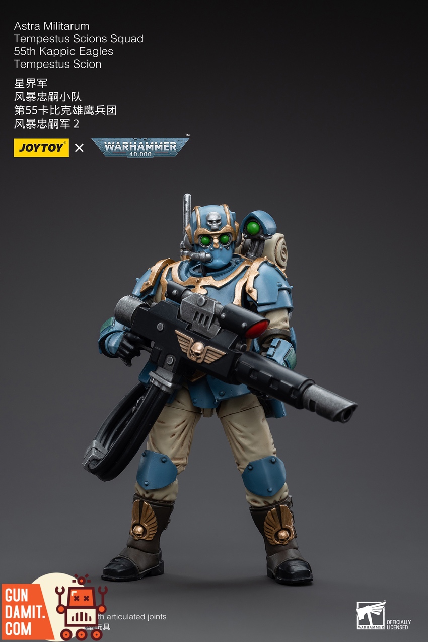 Tempestus Scion 2 holding hot-shot lasgun at low ready in three-quarter front view Tempestus Scion 2 holding hot-shot lasgun at low ready in three-quarter front view