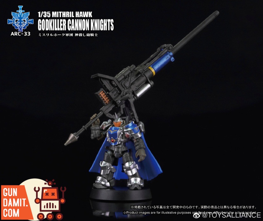 Godkiller Cannon Knight with massive cannon mounted on shoulder in standing firing pose on display base Godkiller Cannon Knight with massive cannon mounted on shoulder in standing firing pose on display base