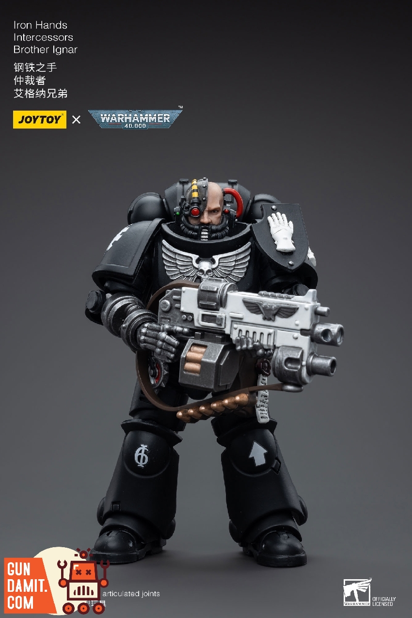 Brother Ignar figure shown standing with bolt rifle and exposed head with cybernetic implants visible Brother Ignar figure shown standing with bolt rifle and exposed head with cybernetic implants visible