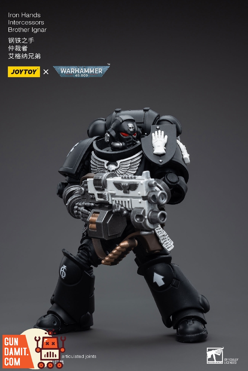 Iron Hands Space Marine Brother Ignar in helmet aiming bolt rifle from front-facing combat stance Iron Hands Space Marine Brother Ignar in helmet aiming bolt rifle from front-facing combat stance