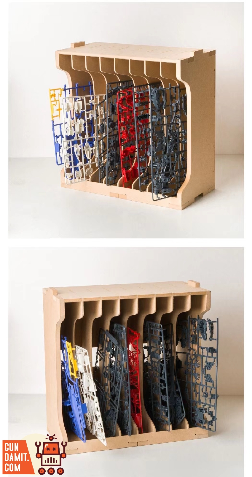 K7 wooden rack storing multiple Gundam model kit runner sprues organized in vertical slots K7 wooden rack storing multiple Gundam model kit runner sprues organized in vertical slots