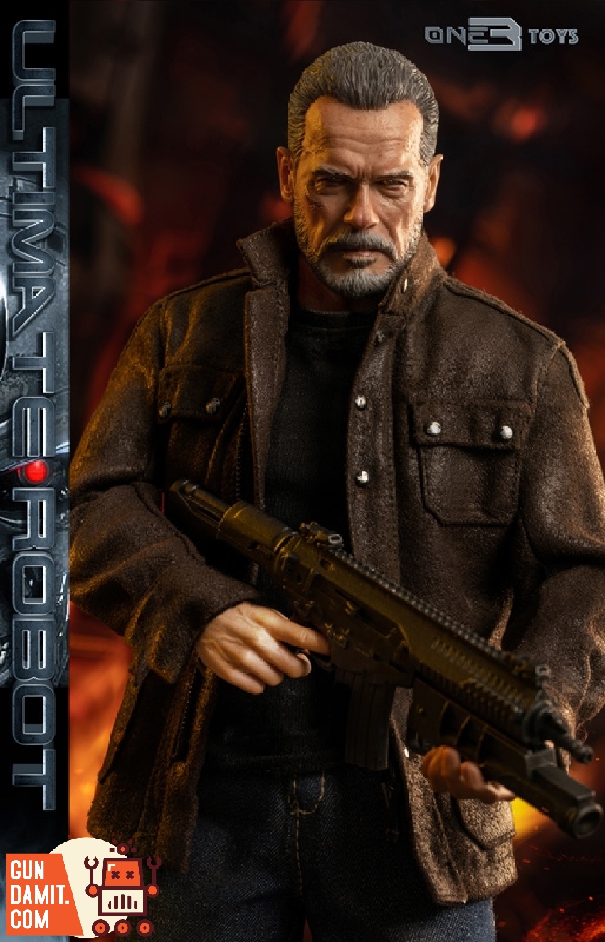 Three-quarter close-up of Ultimate Robot figure holding shotgun in brown jacket with fire background Three-quarter close-up of Ultimate Robot figure holding shotgun in brown jacket with fire background