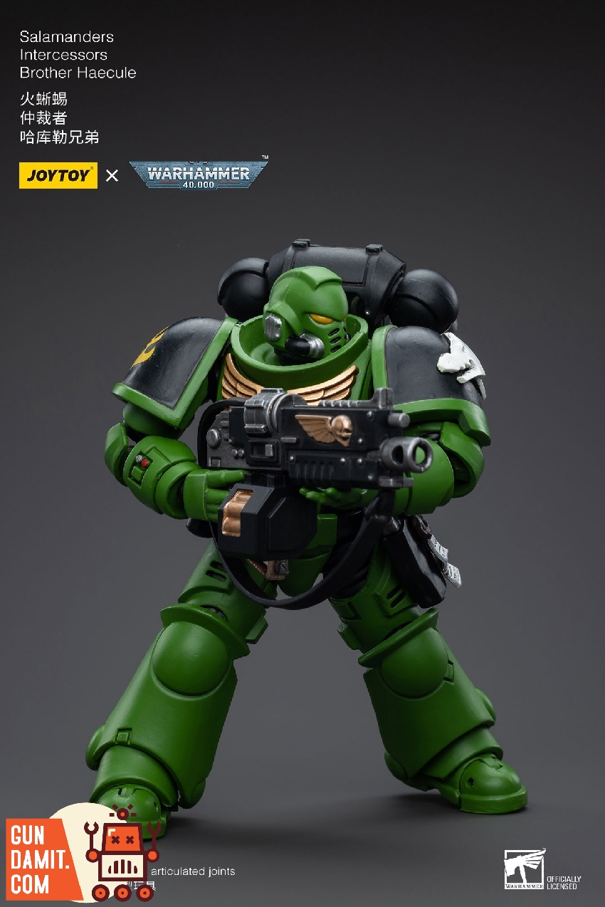 Brother Haecule figure in green power armor aiming bolt rifle forward Brother Haecule figure in green power armor aiming bolt rifle forward