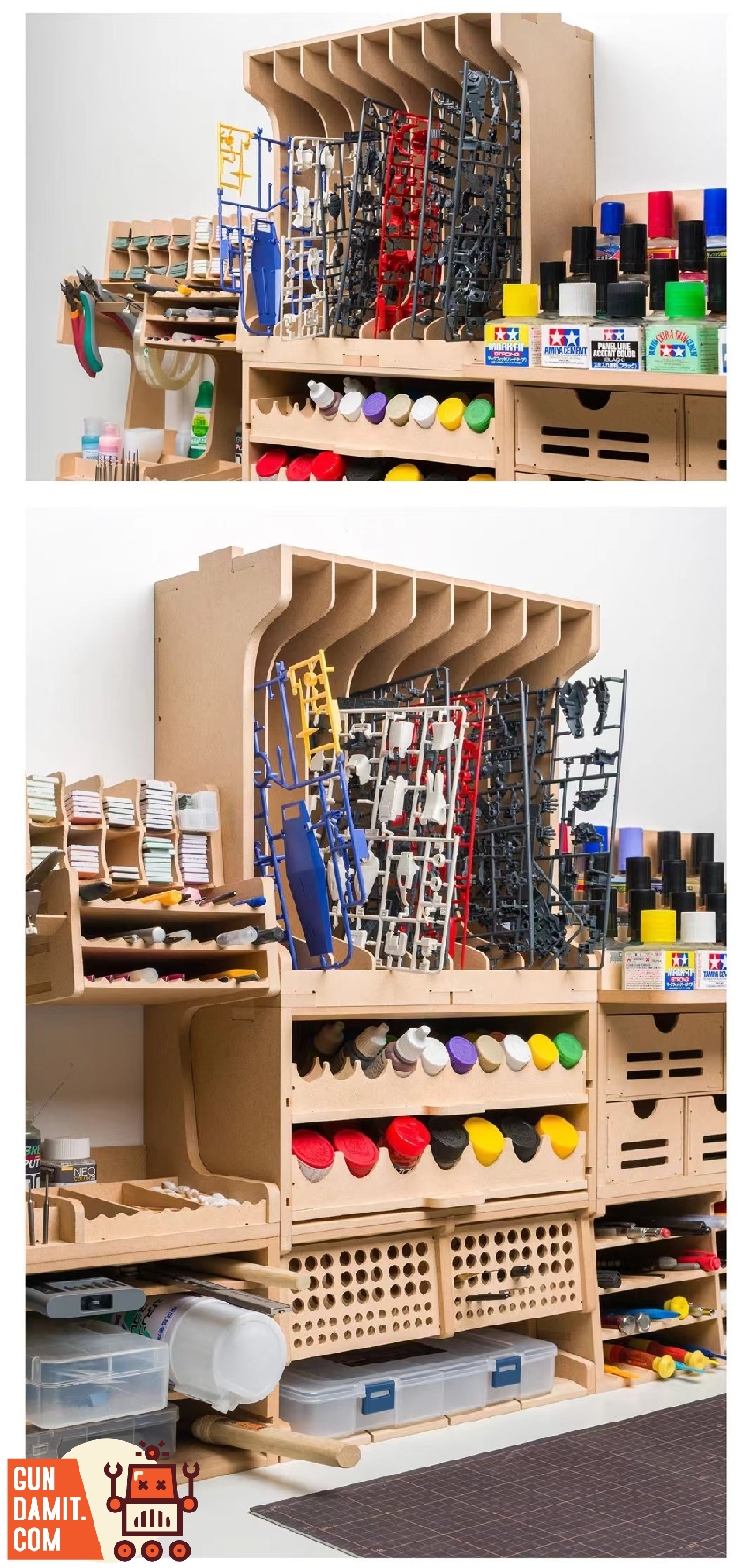 K7 rack integrated into hobby desk workstation with runner sprues paints and tools organized nearby K7 rack integrated into hobby desk workstation with runner sprues paints and tools organized nearby