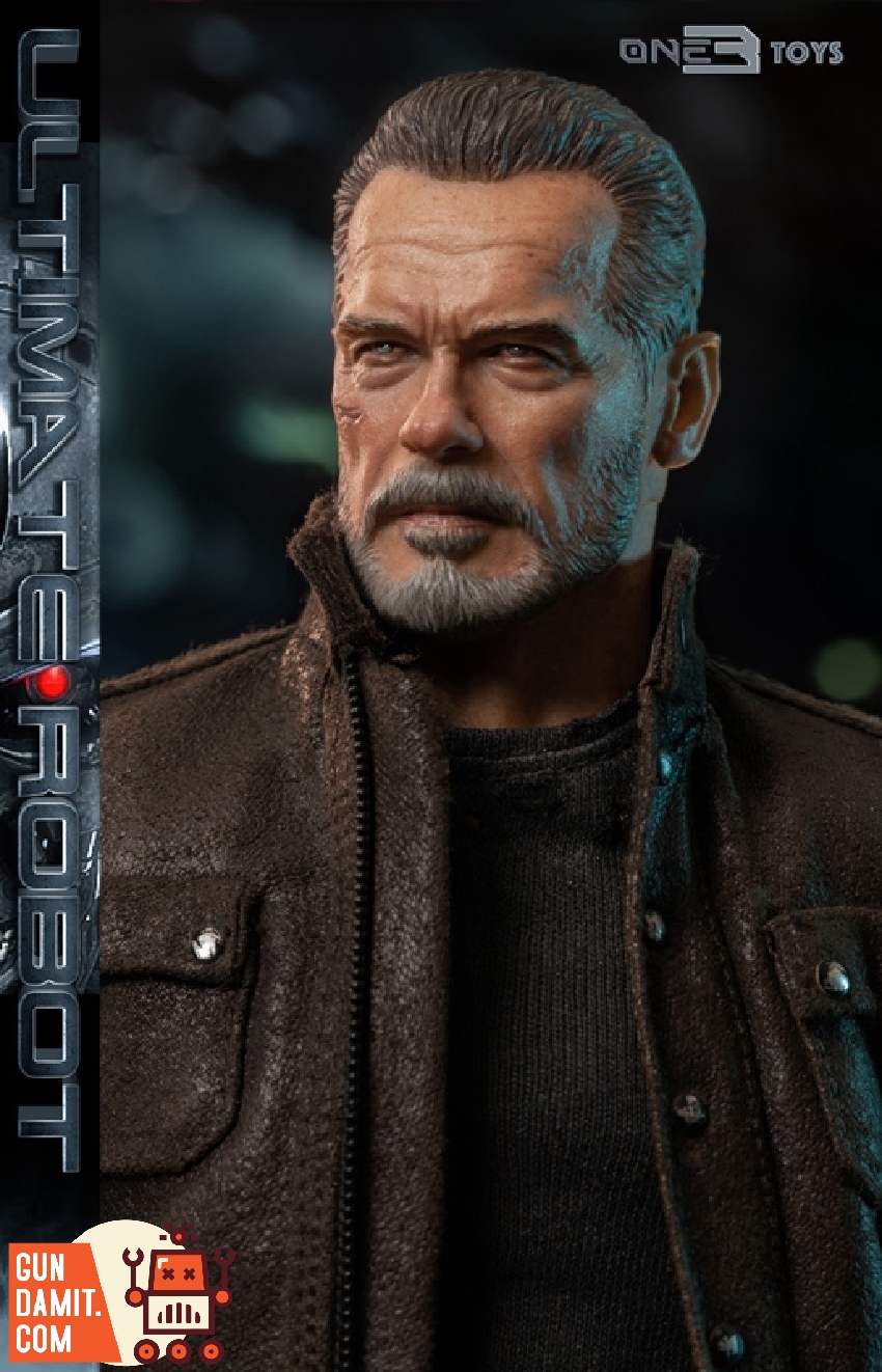 Close-up portrait of Ultimate Robot head sculpt showing realistic grey hair beard and weathered skin Close-up portrait of Ultimate Robot head sculpt showing realistic grey hair beard and weathered skin