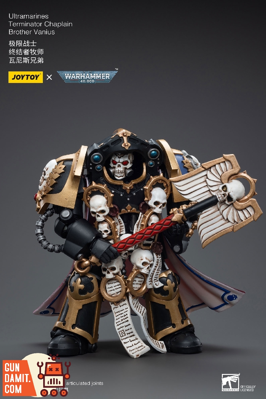 Terminator Chaplain Vanius figure in ornate black and gold Terminator armor Terminator Chaplain Vanius figure in ornate black and gold Terminator armor