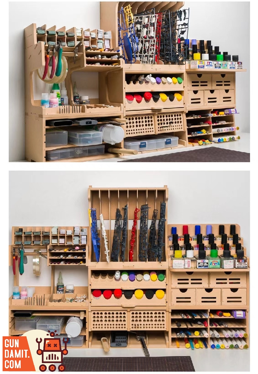 Full Chick Master modular workstation setup with K7 rack alongside paint and tool organizer units Full Chick Master modular workstation setup with K7 rack alongside paint and tool organizer units
