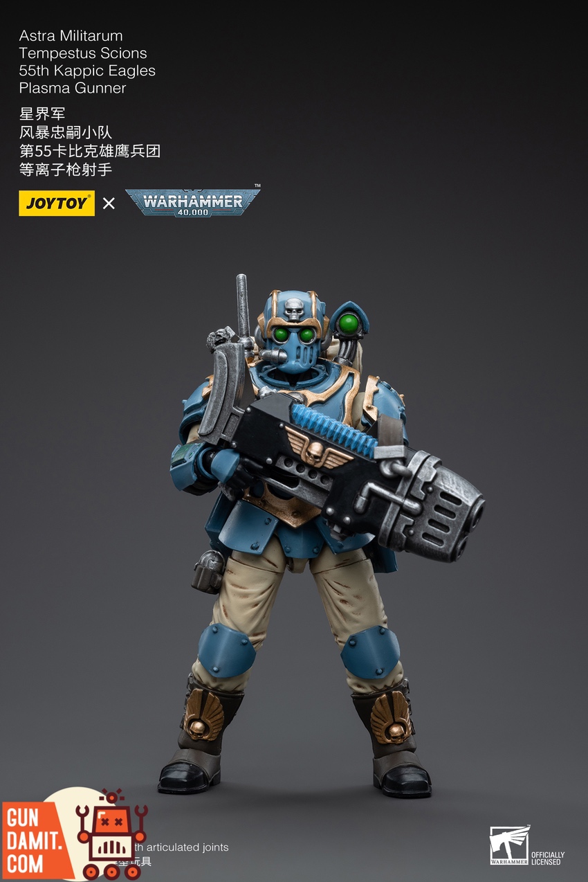 JoyToy Warhammer 40K Kappic Eagles Plasma Gunner dynamic combat pose aiming plasma weapon upward JoyToy Warhammer 40K Kappic Eagles Plasma Gunner dynamic combat pose aiming plasma weapon upward